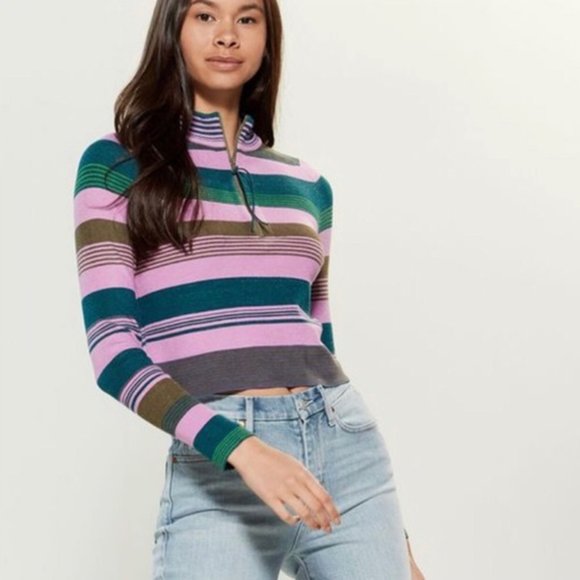 NWT Free People Rip Tide Zip Mock Neck Sweater Long Sleeve 1/4 Zip Teal Purple S - Picture 1 of 9